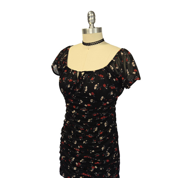 Vintage Y2K Black Floral Milkmaid Mini Dress Size S Mesh Goth 90s Style Grunge - Picture 4 of 7
